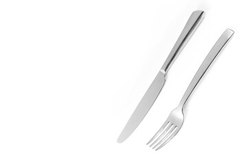 Knife and fork isolated on white background. Elegant shiny cutlery set