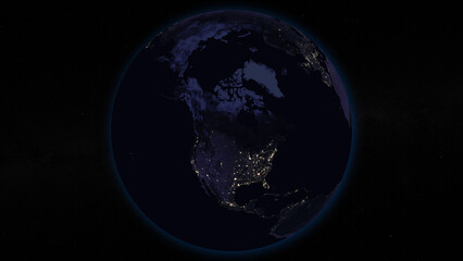 Planet Earth focused on North America by night. Illuminated cities on dark side of the Earth. Elements of this image furnished by NASA