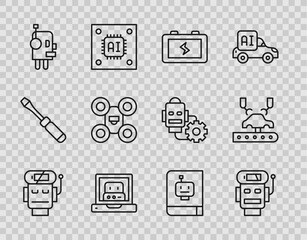 Set line Robot low battery charge, Battery, Creating robot, Drone, User manual and Robotic arm factory icon. Vector