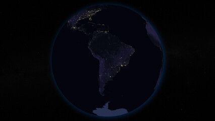Planet Earth focused on South America by night. Illuminated cities on dark side of the Earth. Elements of this image furnished by NASA
