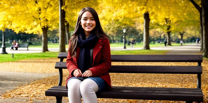 A beautiful smiling girl is sitting on a bench in autumn in the park. Generative AI