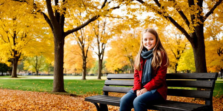 A beautiful smiling girl is sitting on a bench in autumn in the park. Generative AI