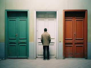 Fototapeta premium Pathways of Possibility: Man Contemplating Three Colored Doors - Symbolic Crossroads of Choice - Generative AI