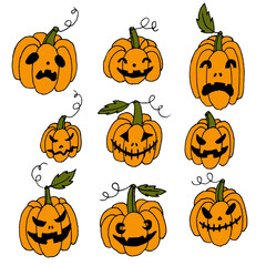 Set of hand drawn line art halloween holiday pumpkins with different shaped, creepy spooky eyes, smiles and leaves isolated on white.Web design elements for print,autumn decor.
