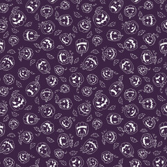 Line art autumn holiday halloween seamless pattern with different white pumpkins with creepy spooky eyes and smiles.Fall background in purple color.Print cards, invitation, design elements.