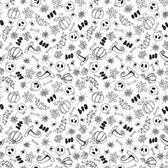 Hand drawn illustrated line art halloween seamless pattern with black skulls,pumpkins,witch hat,leaves, spiders and web.Holiday autumn decoration on white background.