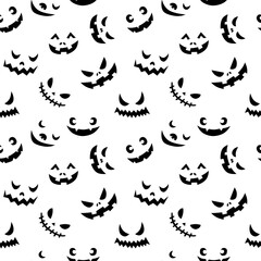 Line art doodle simple seamless pattern with different spooky creepy funny eyes and smiles halloween party backdrop.On white background