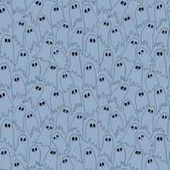 Hand drawn doodle line art seamless pattern with funny spooky halloween different black ghosts on blue background.October party clipart simple decoration element,fall autumn season