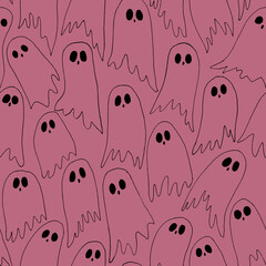 Hand drawn doodle line art seamless pattern with funny spooky halloween different black ghosts on red background.October party clipart simple decoration element,fall autumn season