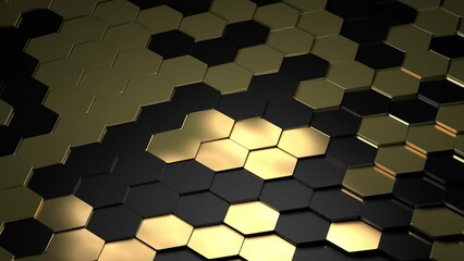 Golden hexagon cell tiling, luxury metal wave pattern. Gold metal scales honeycomb, hexagonal, abstract metallic background with highlights, 3d rendering, 4k seamless loop animation - Powered by Adobe
