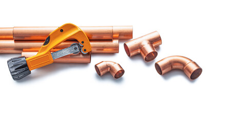 Copper Pipe And Fittings Pipecutter Isolated On White.