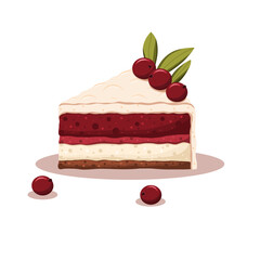 A piece of chocolate cake with red currants and vanilla filling. Vector illustration. Hand-drawn.