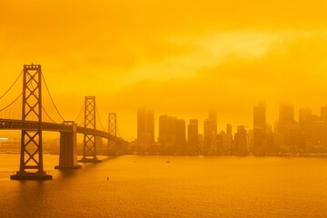 Bay bridge orange smoke fire clouds