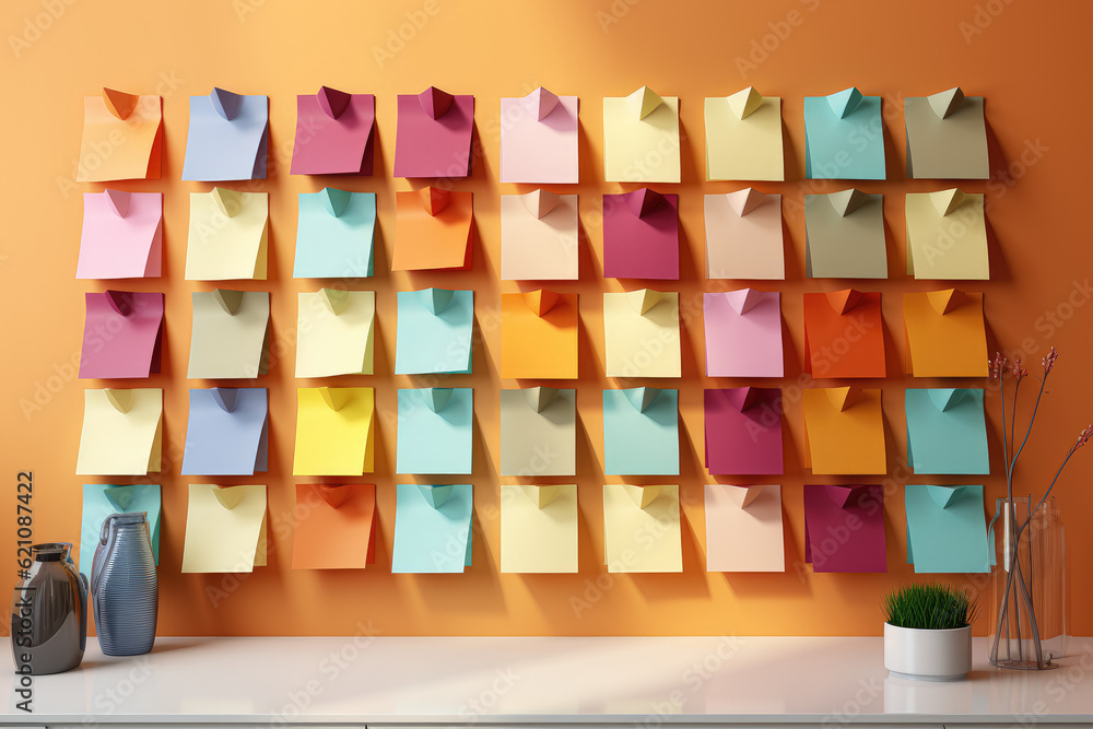 Poster colored sticky notes and a marker are artfully arranged on a pastel background, creating a visually 