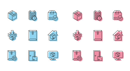 Set line Delete envelope, Home delivery services, Carton cardboard box, Location with, Envelope, and Cardboard calendar icon. Vector