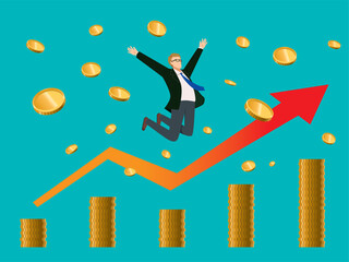 金融のイメージのフラットイラスト：お金を儲けて喜ぶ白人男性と右肩上がりの矢印とコインのチャート