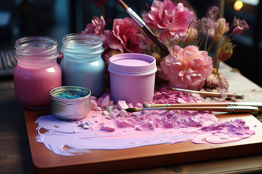 Cans of pastel paints, a palette, and a brush are arranged on a pink wooden table in a flat lay composition, inspiring creativity and artistic expression. Generative Ai.