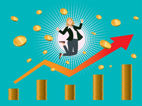 金融のイメージのフラットイラスト：お金を儲けて喜ぶ白人女性と右肩上がりの矢印とコインのチャート