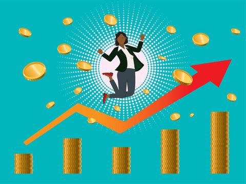 金融のイメージのフラットイラスト：お金を儲けて喜ぶ黒人女性と右肩上がりの矢印とコインのチャート