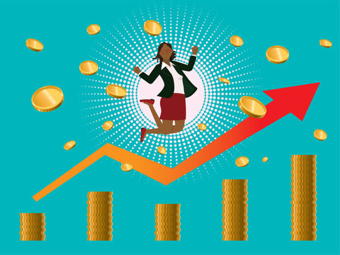 金融のイメージのフラットイラスト：お金を儲けて喜ぶ黒人女性と右肩上がりの矢印とコインのチャート