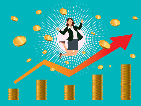 金融のイメージのフラットイラスト：お金を儲けて喜ぶ東洋系女性と右肩上がりの矢印とコインのチャート