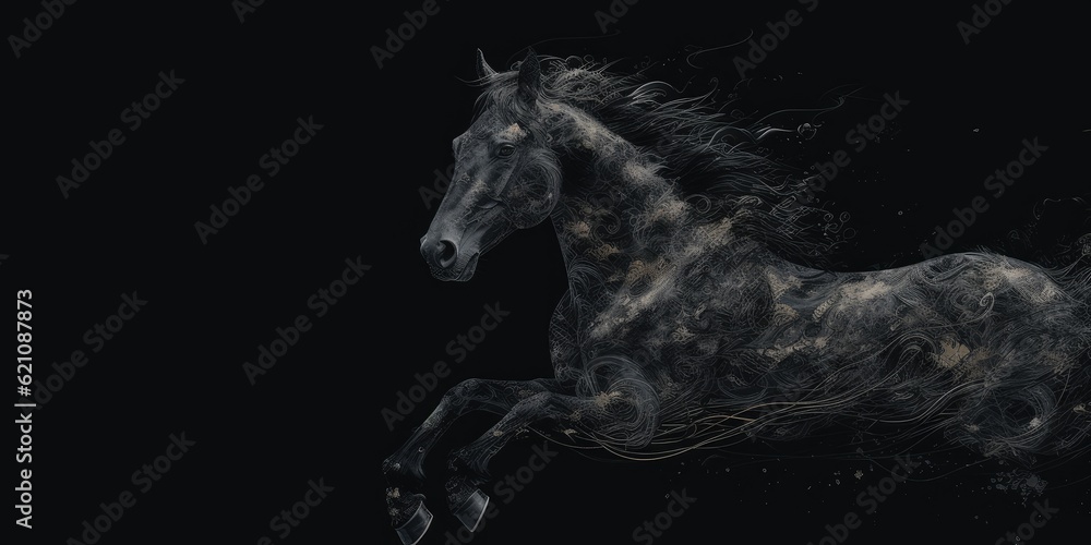 Poster black backdrop with a horse illustration. made using generative ai tools