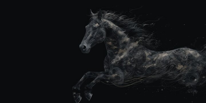 Black backdrop with a horse illustration. made using generative AI tools