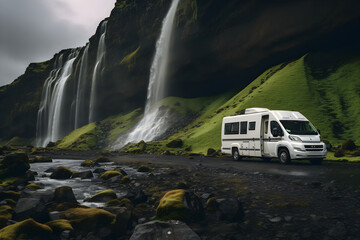 Caravan camping at iceland, waterfall landscape. - obrazy, fototapety, plakaty