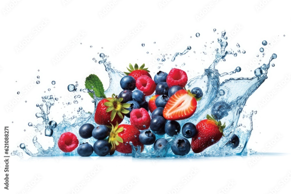 Poster Fresh fruityness flowing into the blue A spray of clean water isolated on a white backdrop symbolizes a balanced diet.