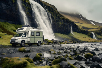 Caravan camping at iceland, waterfall landscape.