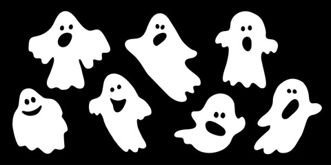 Set of funny Halloween ghosts. Flat vector illustration. Autumn holiday decor element.