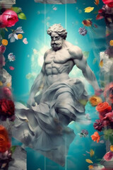 Creative art of marble statue with diverse flowers on pastel blue background. Strong abstract scene of powerful man. Generative AI, illustration.