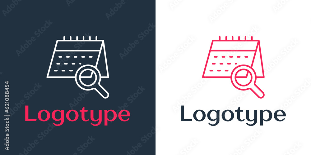 Poster logotype line calendar search icon isolated on white background. logo design template element. vecto