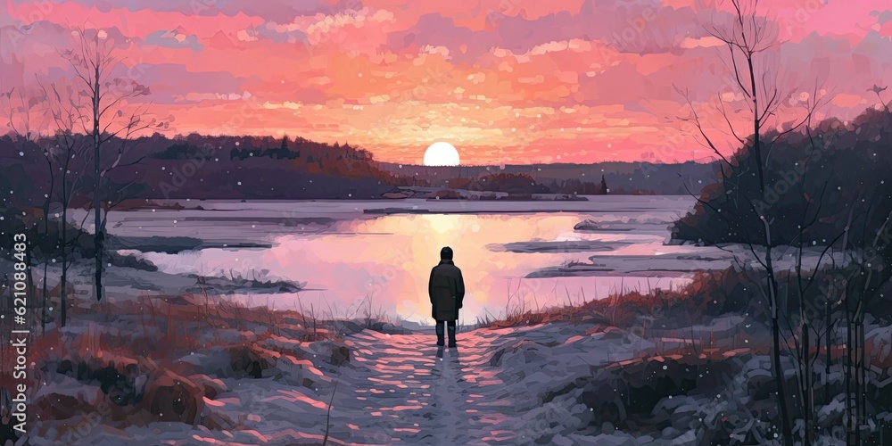 Poster watching the sunset in the winter. made using generative ai tools