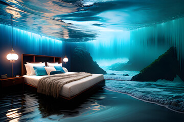 flood with ocean waves in a bedroom scene, light reflections, soft colors, Hobbies and leisure concept, generative ai