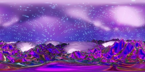 3D Illustration; Computer-generated imagery;  CGI modeling; HDRI; 360º view panoramic; VR; purple earth colored sky