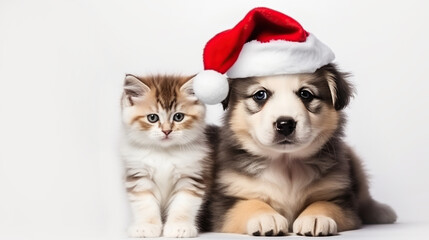 Fototapeta na wymiar Cute fluffy ginger kitten and puppy in santa claus hat, close-up light background copy space. New Year, holiday concept