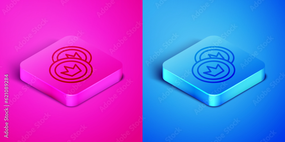 Sticker Isometric line Pirate coin icon isolated on pink and blue background. Square button. Vector