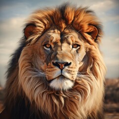 A lion's face up close with a blurry background. (Illustration, Generative AI) - 621089220