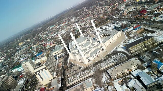Imam Sarahsi Bishkek Central Mosque, drone camera roll shot