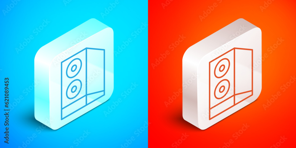 Poster isometric line case of computer icon isolated on blue and red background. computer server. workstati