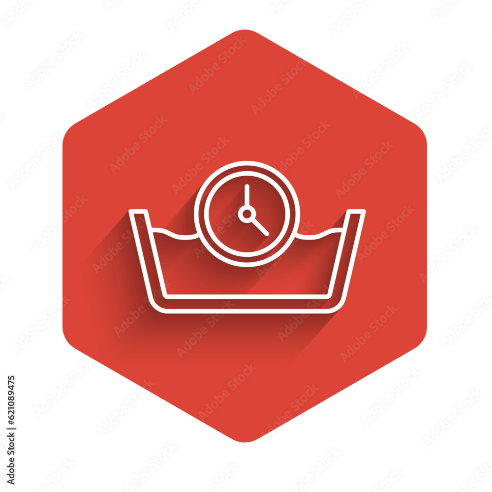 Poster white line time wash icon isolated with long shadow background. temperature wash. red hexagon button