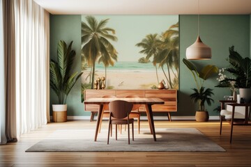 A formal dining room complete with a table, seats, and hardwood flooring. Dresser with a tropical view from the window. mock-up of a poster