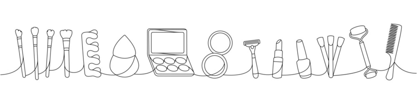 Set of makeup and beauty tools one line continuous drawing. Brushes, sponge, fingers separator, nail polish palette, massage roller, hair comb