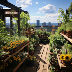 A lush rooftop garden in a bustling city with flowers, vegetables, and plants