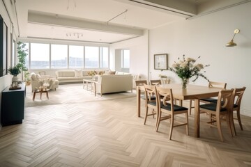 It has an elegant and beige tone, with a specifically designed wooden table and chairs, a flower vase, and rattan accents. Korean interior design. a wood parquet floor