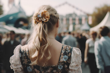 Blonde woman dressed in typical German clothing at Oktoberfest. Generative AI.