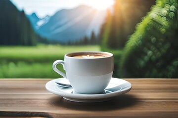 Obraz premium A cup of coffee is on the table . Delicious click coffee bean. Creative resource, AI Generated