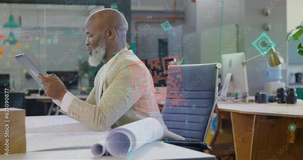 Poster animation of qr code and data processing over african american businessman using tablet