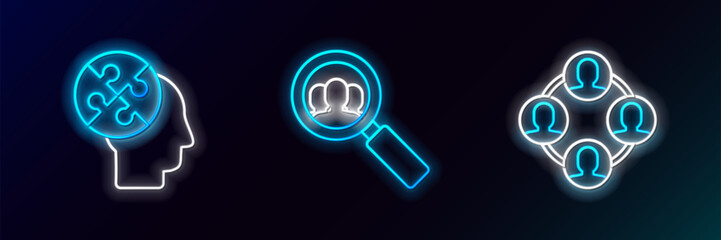 Set line Project team base, Human head puzzles strategy and Magnifying glass for search people icon. Glowing neon. Vector